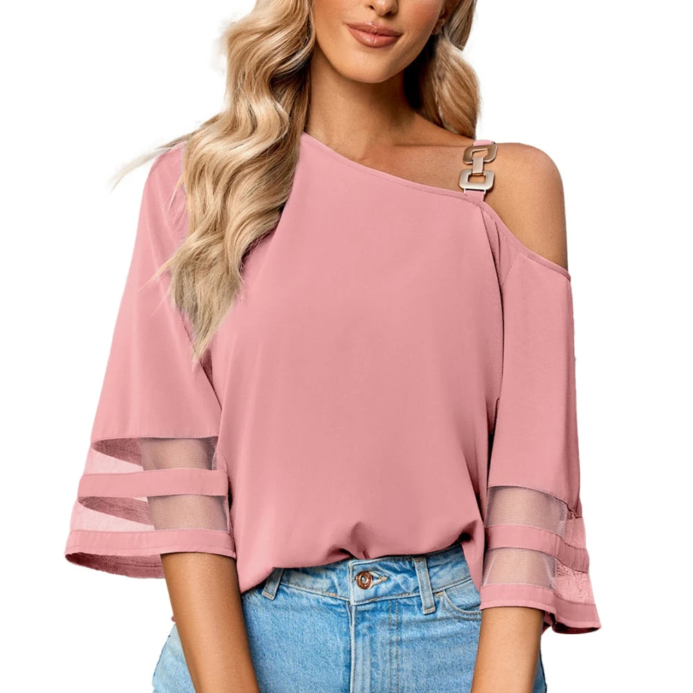 Women's Cold Shoulder Mesh Panel 3/4 Bell Sleeve Casual Top Blouse Shirt Summer Loose Fitting Chiffon Blous