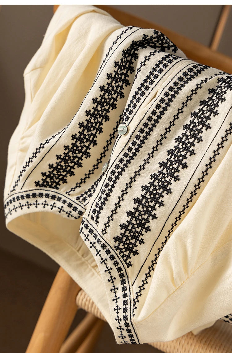 100% Linen Five-Sleeve Embroidered Shirt Women Blusas Femininas Women Tops Shirts for Women Blusas De Mujer