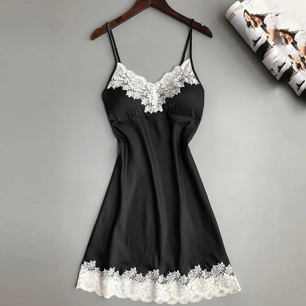 1 Piece Pajamas Halter Nightgown Thin Section with Bra Pads Lace Edge Silk Loungewear Multicolor Ice Silk Furniture Nightgowns
