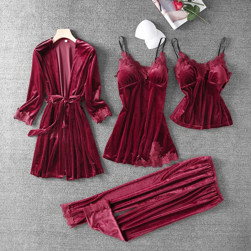 Women Velvet 4PCS Pajamas Set Sleepwear Autumn Winter Sexy Lace Trim Bathrobe Nightgown Loose Velour Pyjama Pour Femme Home Wear