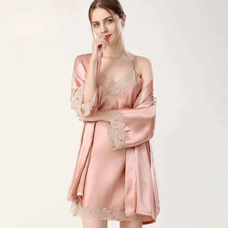 100% Mulberry Silk Women's Silk Robe Set Luxury Night Wear Solid Color Pajamas Lace Trim Two Piece Silk Sleep Robes Nightgown