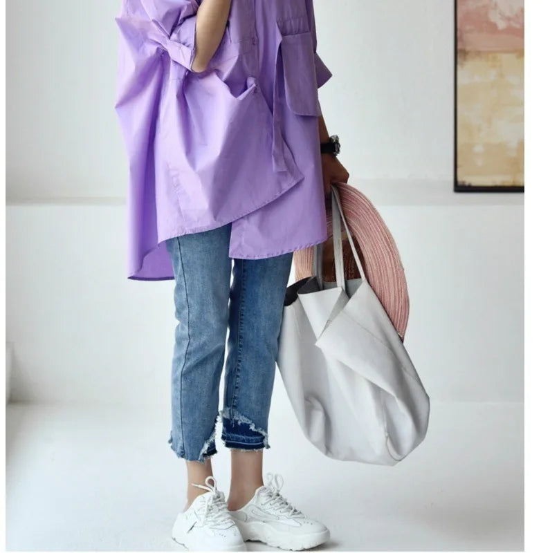 Women's Irregular Cotton Lapel Five-Point Sleeve Blouse, Large Size Shirt, Elegant Blouses for Youth, Medium Length