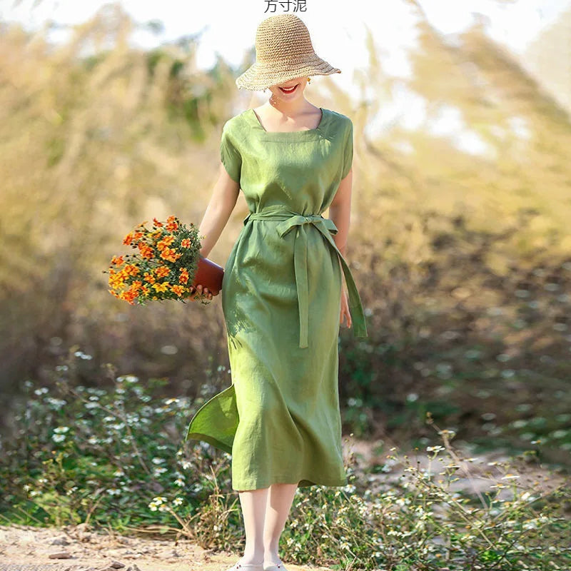 100% Linen Summer Dress Woman Short Sleeve Green Midi Dresses Women's Summer Sundress Solid A-Line Square Neck Streetwear Female