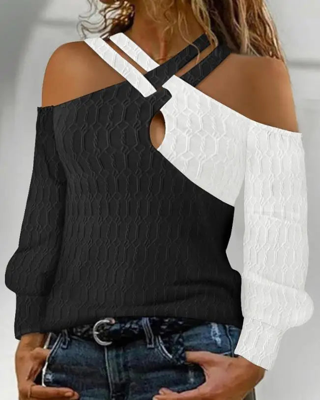 Women's Tops 2023 Autumn Casual Colorblock Criss Cross Cold Shoulder Cable Textured Top Long Sleeve Tee Fashion Pullover