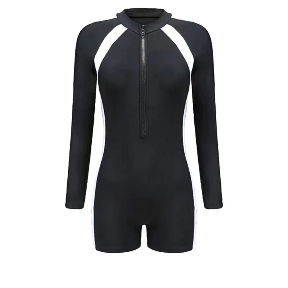 Women's One-Piece Swimsuit Long Short Sleeves Swimwear Female Zipper Rash Guard Summer Surfing Diving Clothes Bathing Suit