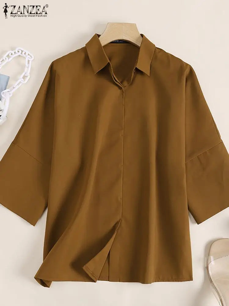 ZANZEA Women Lapel Neck Blouse Fashion OL Work Tops Casual 3/4 Sleeve Holiday Tops Oversize Chemise Female Loose Buttons Blusas