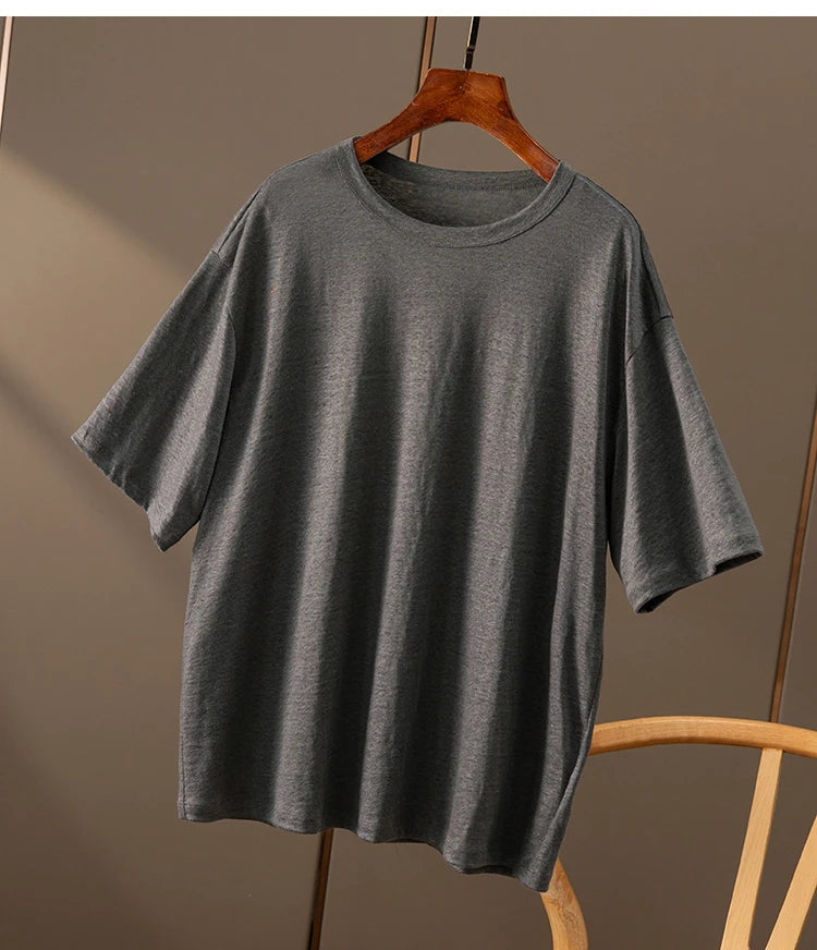 100% Linen Knitted High-quality Casual Loose Round Neck Short-sleeved T-shirt Women Short Sleeve Shirts for Women
