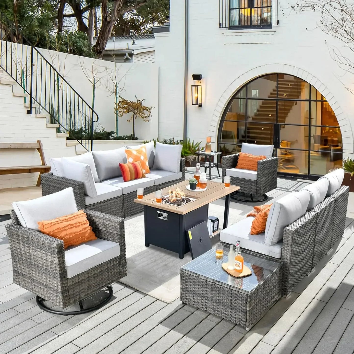 11 Pieces Outdoor Patio Furniture Set, Garden Furniture Sets with Fire Pit, Swivel Glider Chairs for Poolside Lawn Backyard