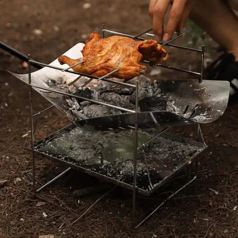 Camping Folding Campfire Charcoal BBQ Grill Stainless Steel Barbecue Net Card Type Firewood Stoves Mini BBQ Rack Camping Stove
