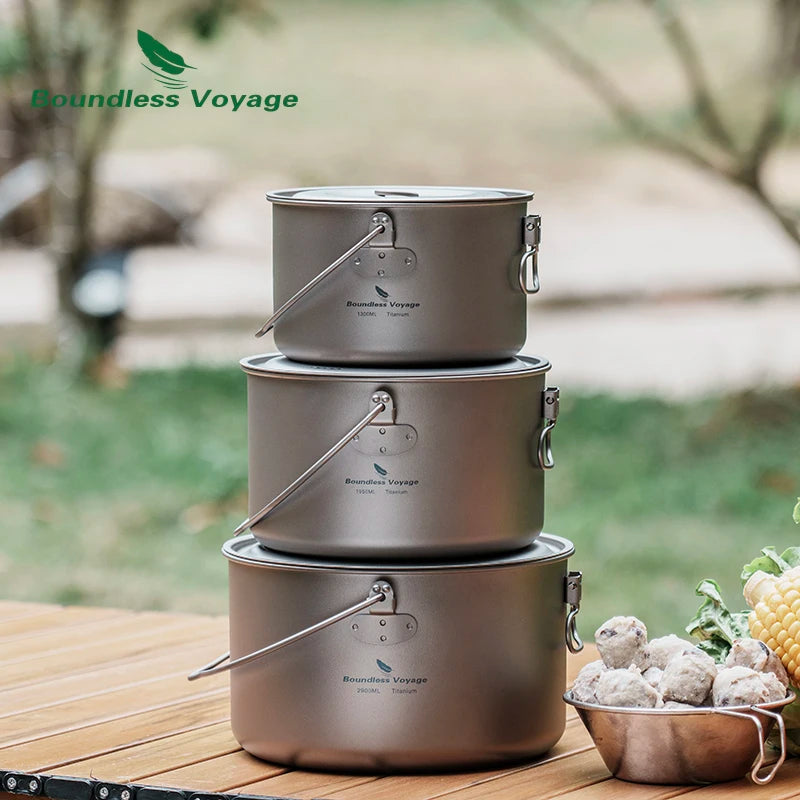 Boundless Voyage Titanium Camping Pot Big Capacity & Leightweight Outdoor Hanging Pot 2900ml 1950ml 1300ml Cooking Pot for Men