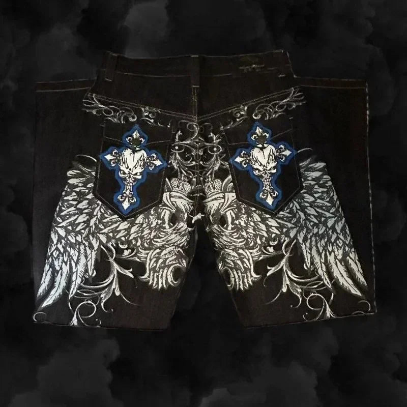 Y2k Street High Waist Gothic Skull Geometry Men Jeans American Retro Hip Hop Fashion Couple Straight Loose Pants