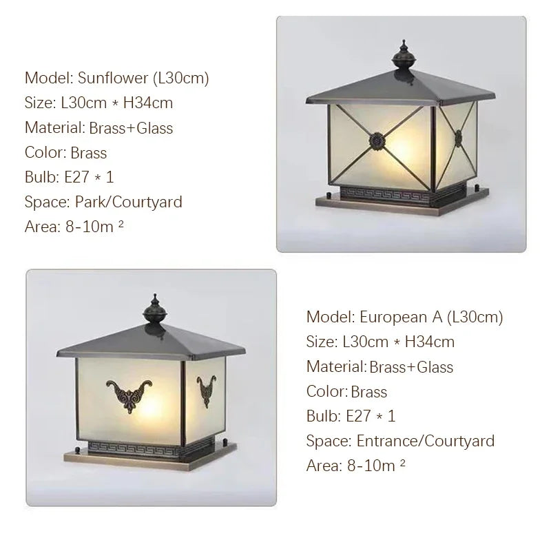 WPD Outdoor Electricity Post Lamp Vintage Creative Chinese Brass Pillar Light LED Waterproof IP65 for Home Villa Courtyard