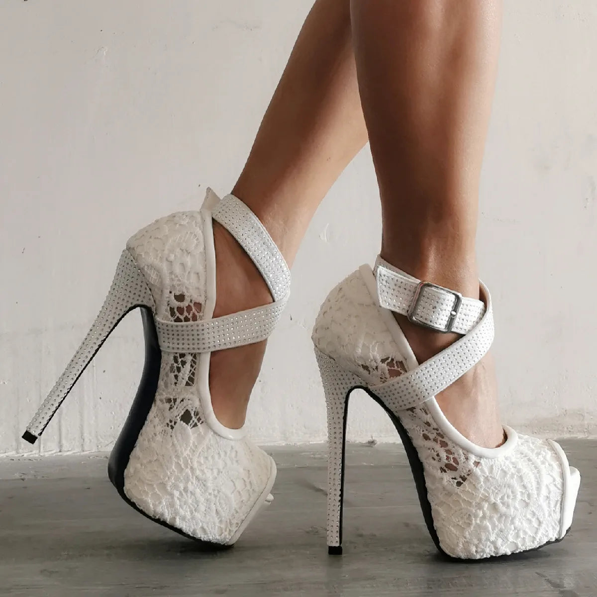 Women Plus Size 46 47 Pumps High Heels Platform Lace Mesh Shoes Wedding Peep Toe stilettos Dress White Sandals Ladies
