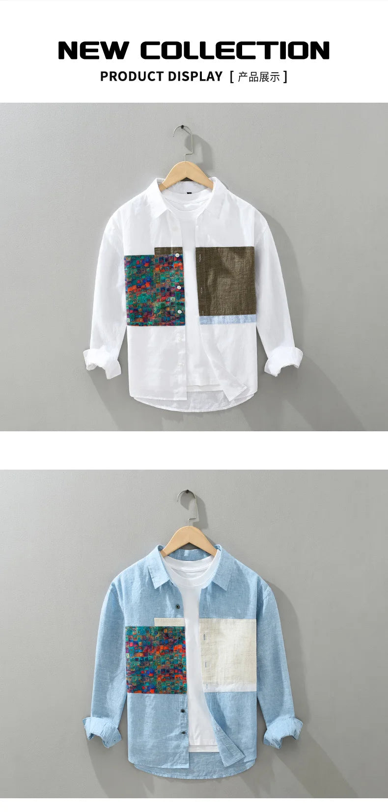 100% Linen Yarn-dyed Patchwork Men's Shirts 2024 Spring New Fashion Artsy Blouse for Youth Man Casual Loose Long Sleeve Tops