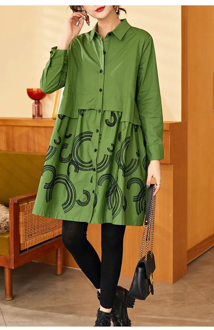 Women's Fashion Loose Spliced Shirt Autumn New Korean Casual Polo-Neck Printed Button Blouse Long Sleeve Female Clothing 2024