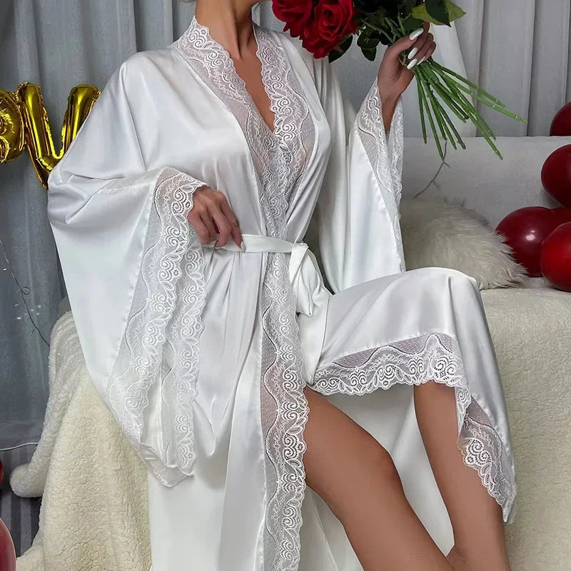 Womens Nightdress Sexy Long Polyester Lingerie Nightwear Bath Robe Gown Imitation Ice Silk Nightdress Solid Color Nightgown Thin