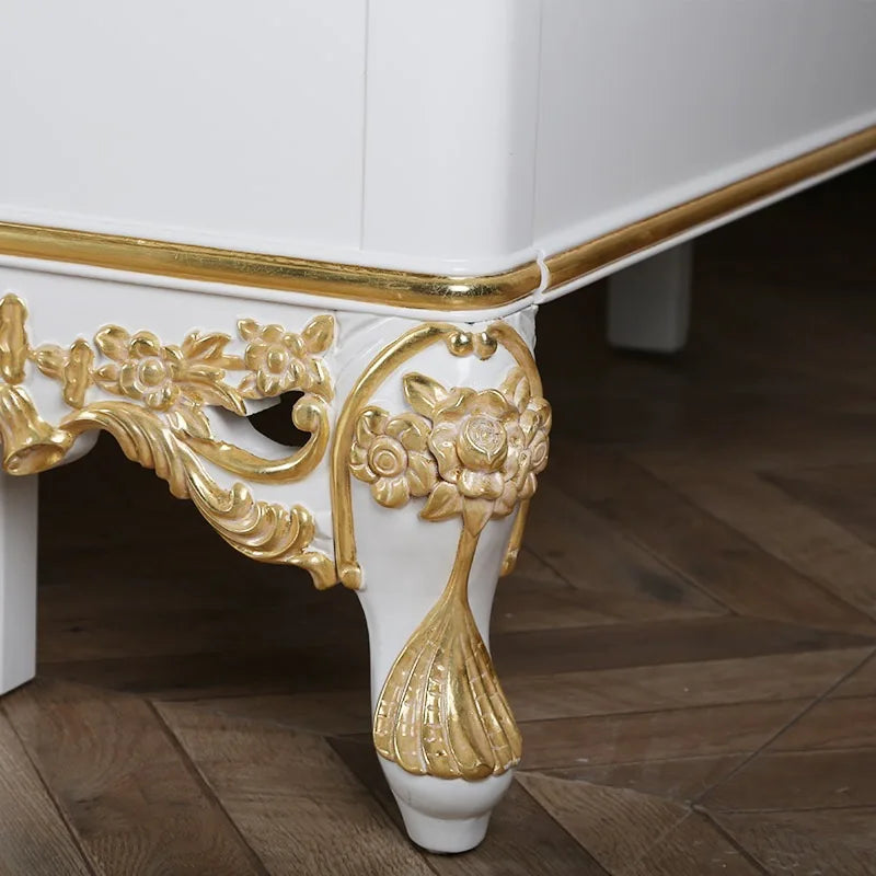 European-style Solid Wood Beech Carved Gold Leaf Luxury Master Bedroom Furniture Quality Double Bed White Flashing Silver Italia