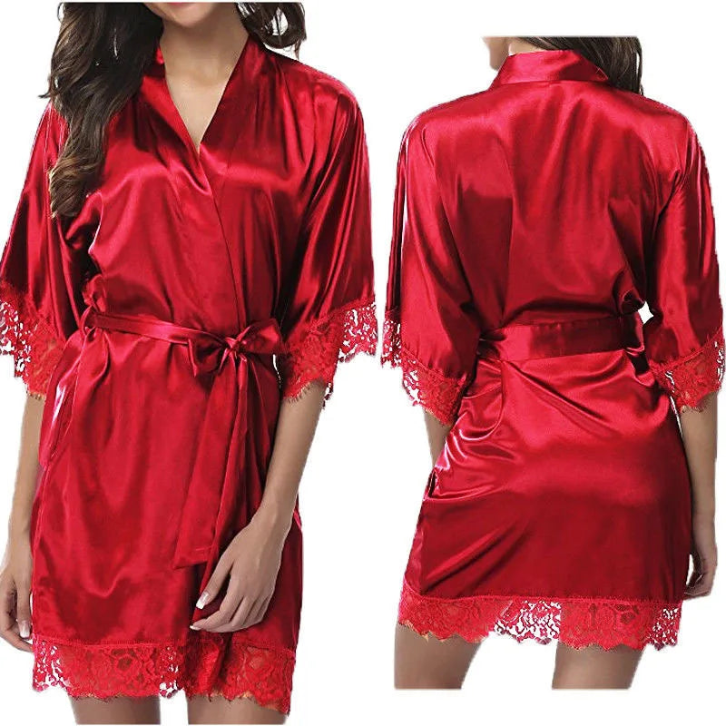 Womens Large Size Ice Silk Sexy Lace Bathrobe Pajamas Female Soft and Comfortable Solid Color Sleepwear V-Neck Bathrobe Pajamas