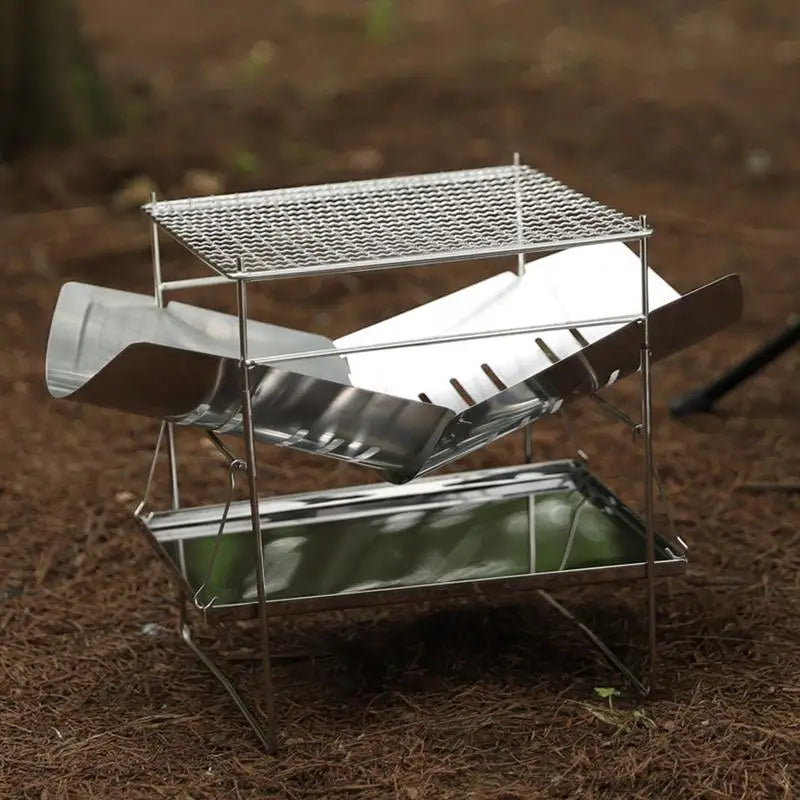 Camping Folding Campfire Charcoal BBQ Grill Stainless Steel Barbecue Net Card Type Firewood Stoves Mini BBQ Rack Camping Stove