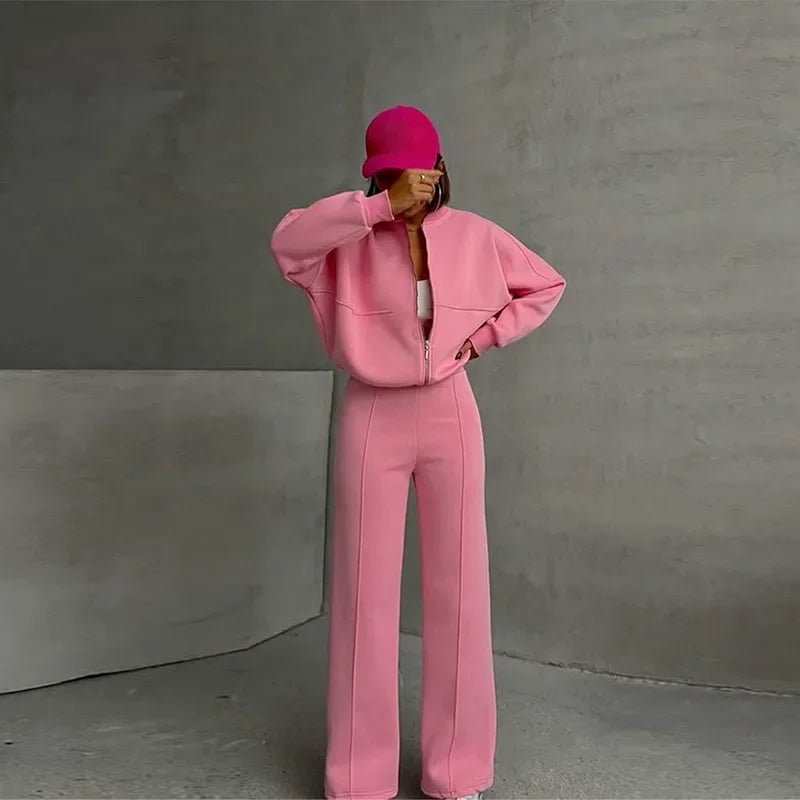 Women Sweatsuit Set Vintage O-neck Zipper Bomber Jackets High Waist Loose Pants Suit Female 2025 Spring Fashion Lady Sportswear