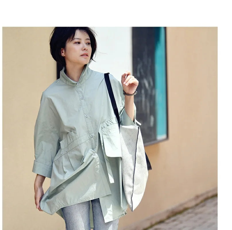 Women's Irregular Cotton Lapel Five-Point Sleeve Blouse, Large Size Shirt, Elegant Blouses for Youth, Medium Length