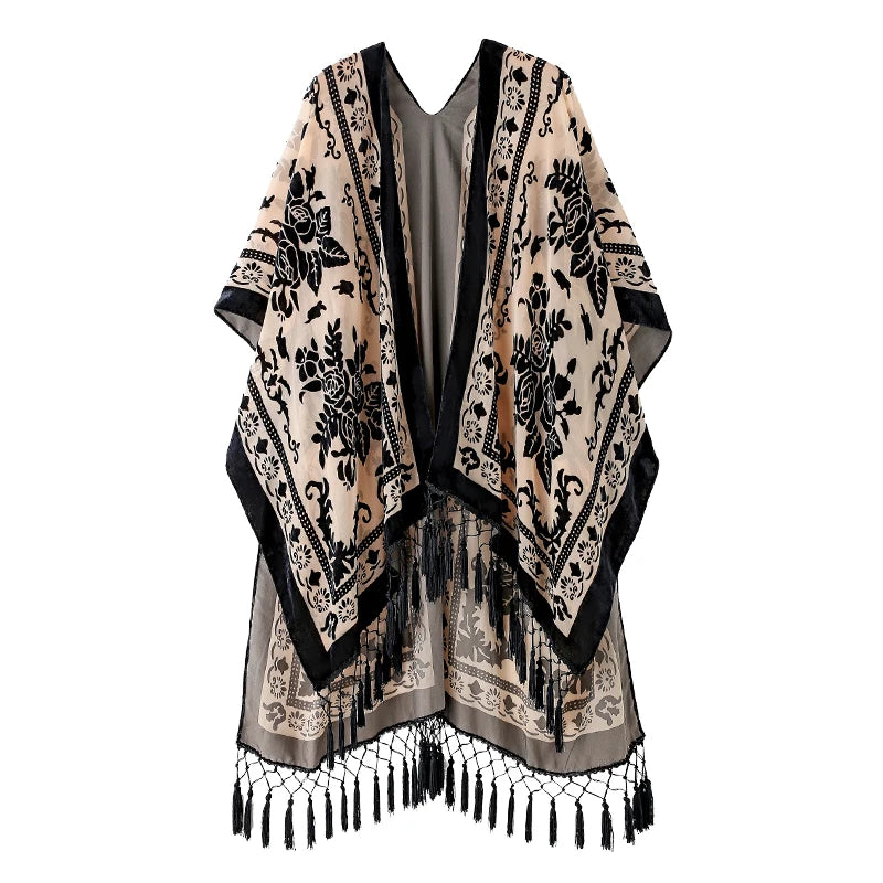 WeHello Burnout Velvet Kimono For Women Luxury Fashion Long Cardigan With Tassel Beach Cover-up Holiday Cardigan Shawl