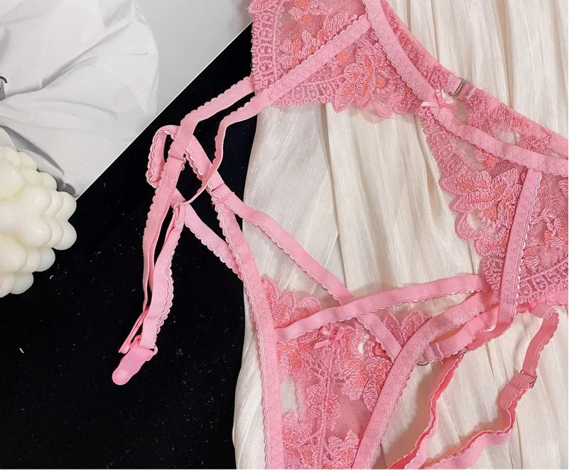 Pink girly lace embroidered bra with underpants summer sexy ultra-thin underwire lingerie underwear set