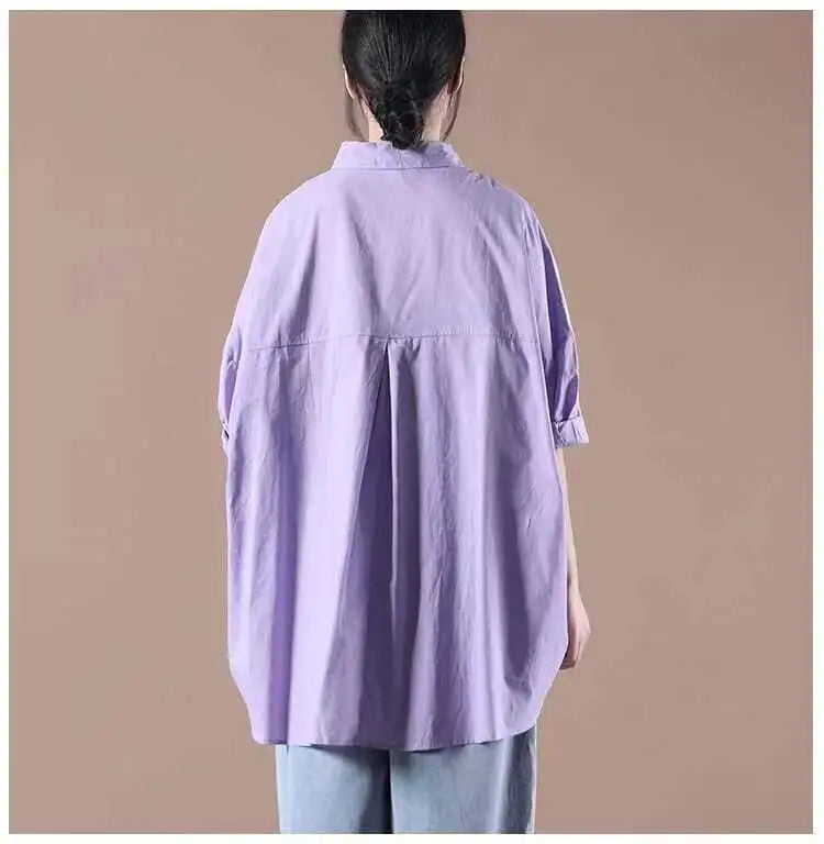 Women's Irregular Cotton Lapel Five-Point Sleeve Blouse, Large Size Shirt, Elegant Blouses for Youth, Medium Length