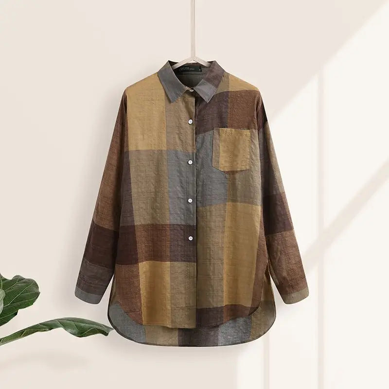 ZANZEA 2024 Summer Plaid Check Shirts Vintage Long Sleeve Blusas Women Fashion Irregular Blouse Oversized Female Casual Chemise