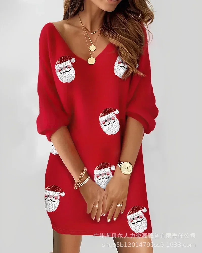 Women V-Neck Fleece Lace Off-Shoulder Dress Long Sleeve Fashion Casual Sexy Mini Dress