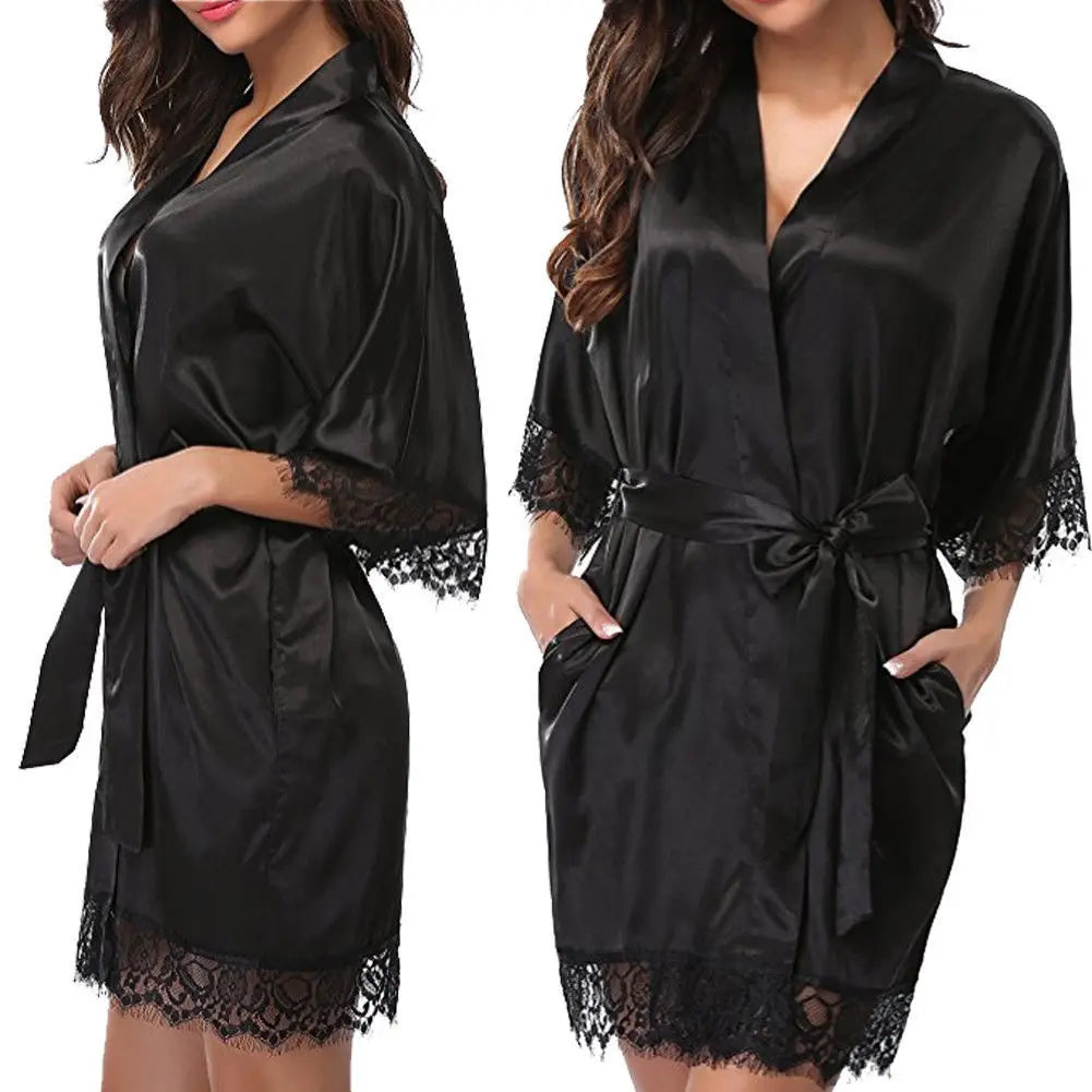 Womens Large Size Ice Silk Sexy Lace Bathrobe Pajamas Female Soft and Comfortable Solid Color Sleepwear V-Neck Bathrobe Pajamas
