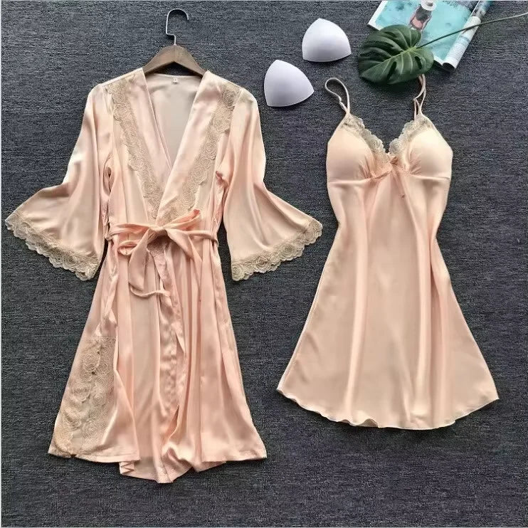 1 Piece Pajamas Halter Nightgown Thin Section with Bra Pads Lace Edge Silk Loungewear Multicolor Ice Silk Furniture Nightgowns