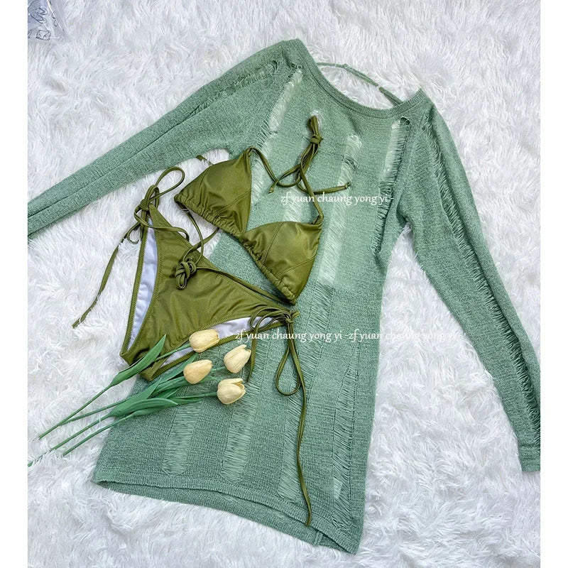 Women's Long Sleeved Solid Color Knitted Anti Wrinkle Cover Shirt, Beach Travel with Bikini Swimsuit, Sexy Hip Hugging Skirt