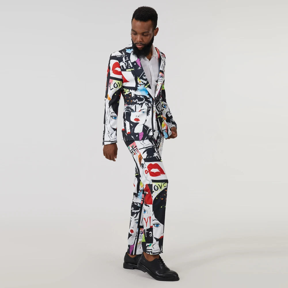 Men's Suit Autumn American Graffiti Print Suit Collar Slim Fit Casual Pencil Pants Streetwear Men Clothing Set 2 Piece