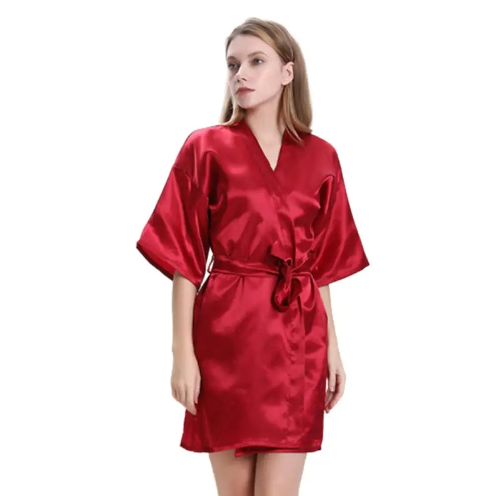 Women Summer Solid Color Ice Silk Nightdress Midi Dress Bath Robe Waist Belt Sleepwear Nightgown Lady Homewear