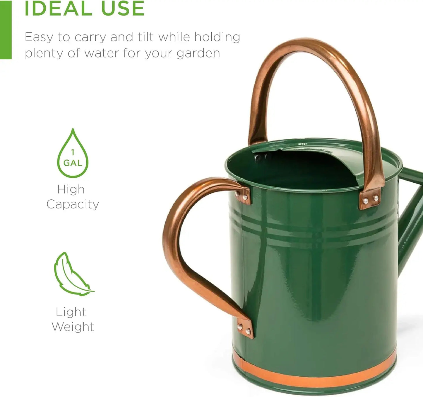 1-Gallon Lightweight Galvanized Steel Gardening Watering Can w/O-Ring, Top Handle, and Copper Accents