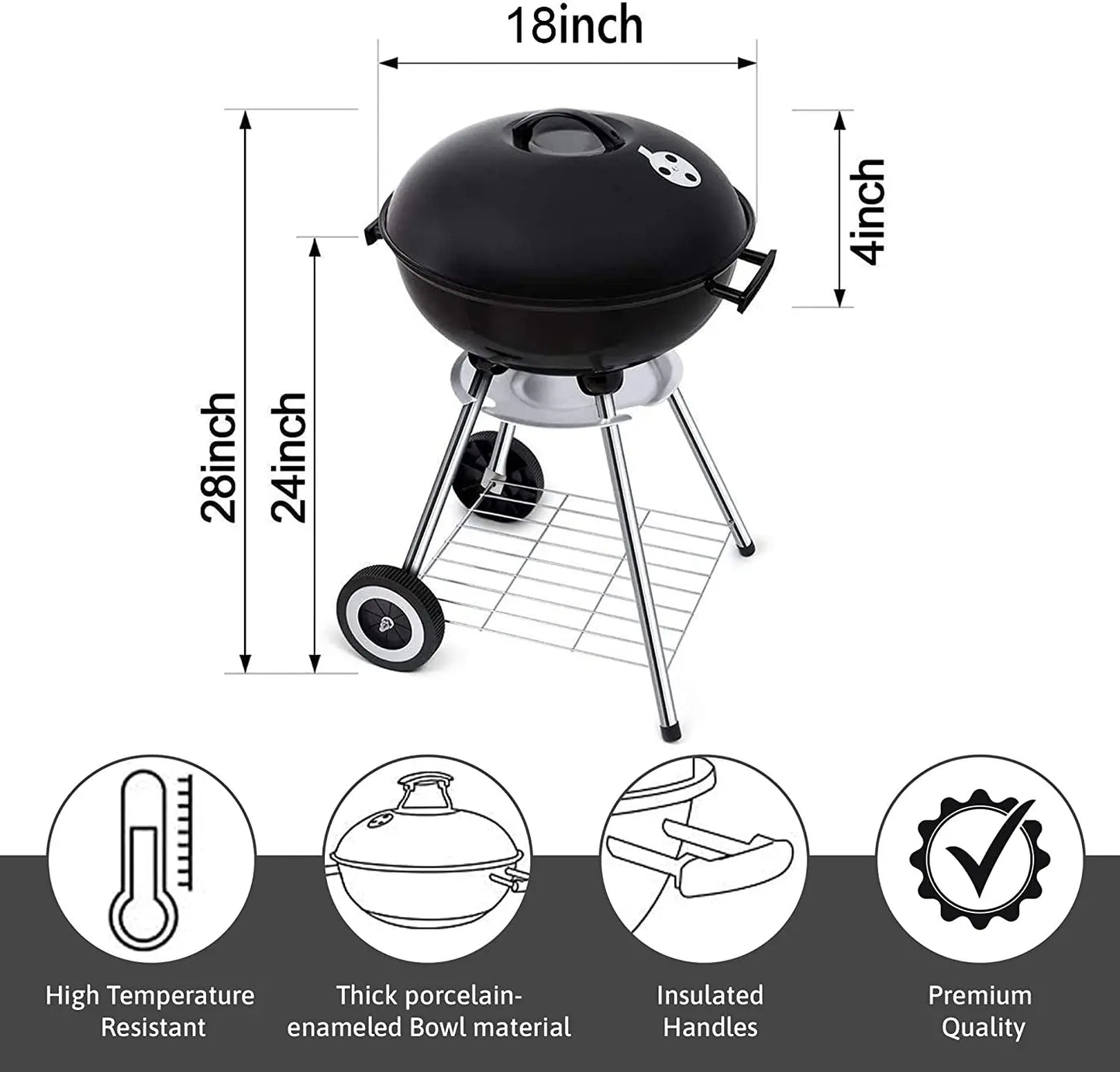 18 Inch Portable Charcoal Grill With Wheels Outdoor Cooking Barbecue Camping BBQ Coal Kettle Grill