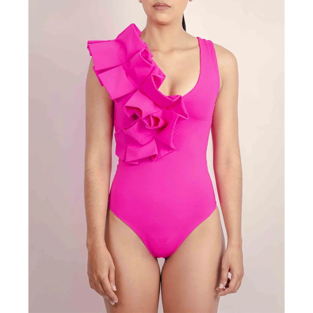 Women's Ruffled Swimsuit One-piece with Sarong, Cover Up, Pareo Beach Dress Luxury Designer Bathing Bodysuit 2023