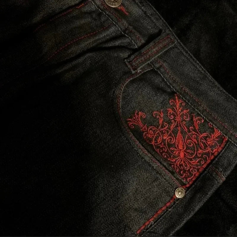 Y2K High Waist Jeans American Retro Street Couple Casual Pants High Street Gothic Embroidered Men Black Red Pattern