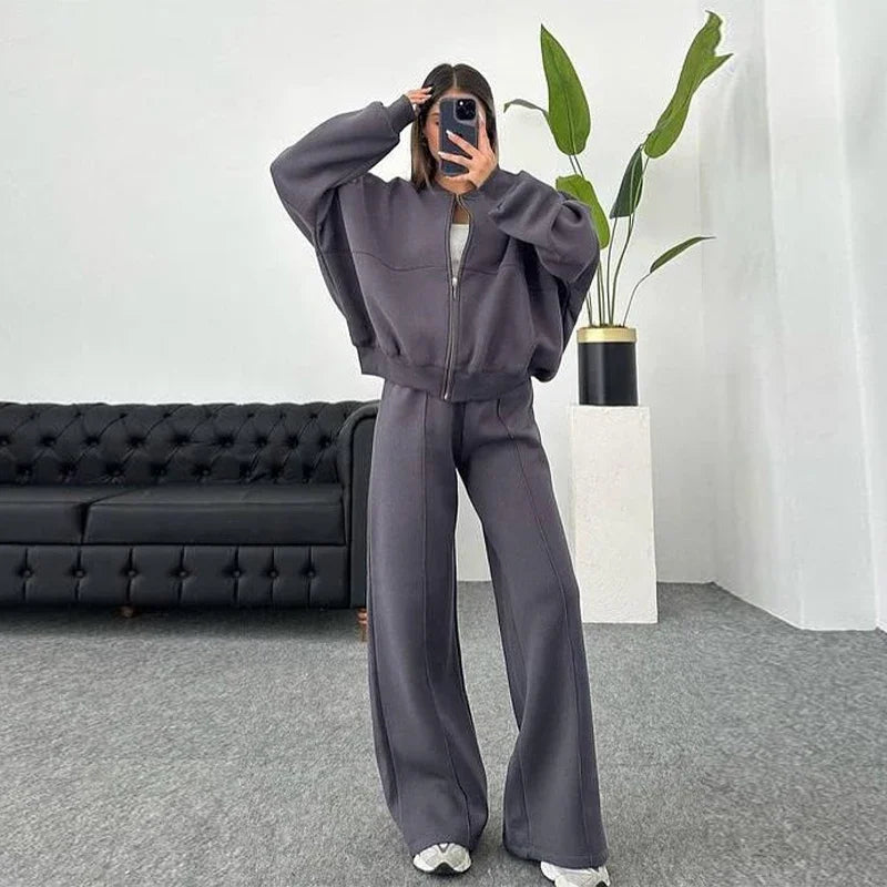 Women Sweatsuit Set Vintage O-neck Zipper Bomber Jackets High Waist Loose Pants Suit Female 2025 Spring Fashion Lady Sportswear