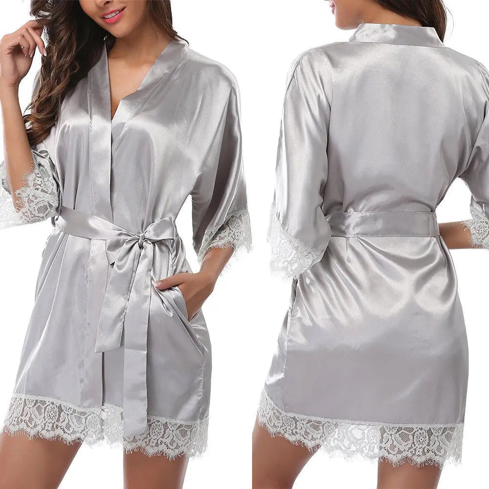 Womens Large Size Ice Silk Sexy Lace Bathrobe Pajamas Female Soft and Comfortable Solid Color Sleepwear V-Neck Bathrobe Pajamas