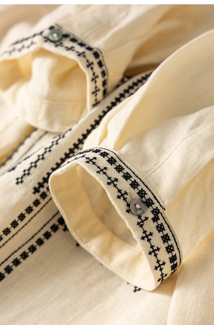 100% Linen Five-Sleeve Embroidered Shirt Women Blusas Femininas Women Tops Shirts for Women Blusas De Mujer