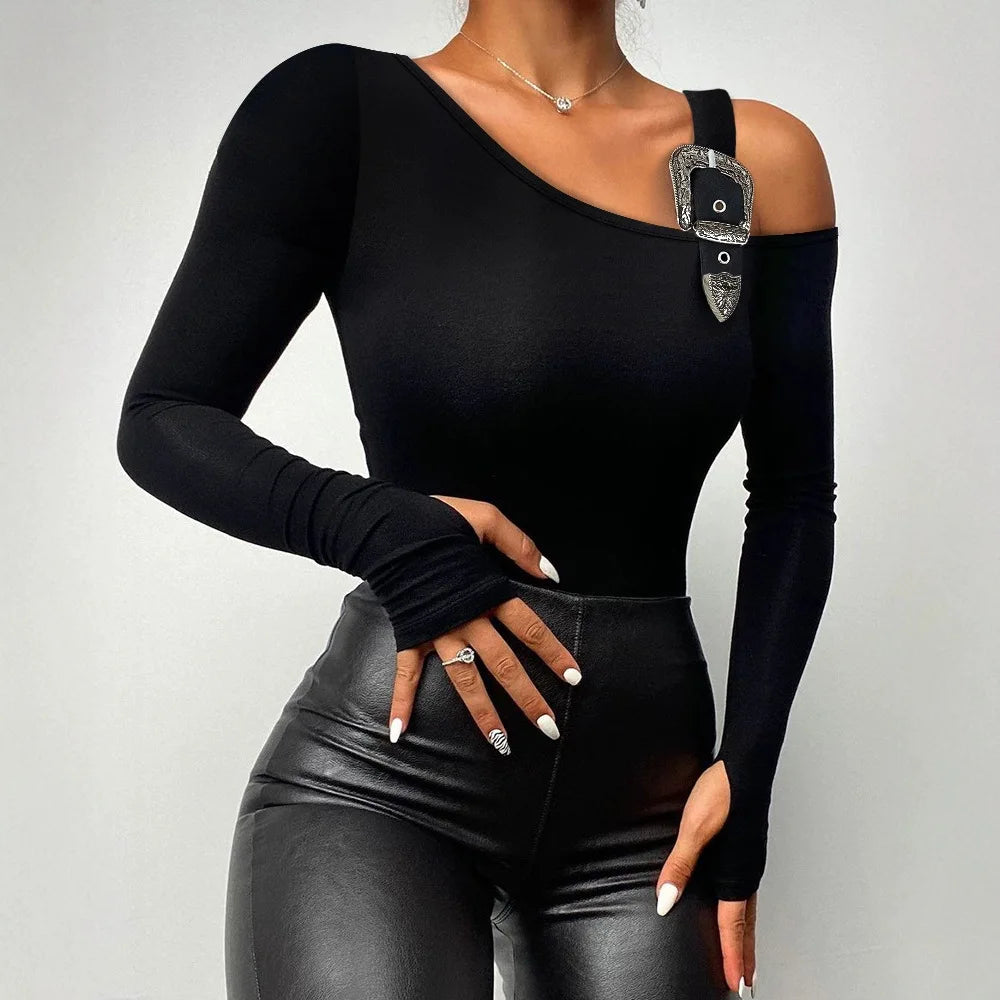 Women Long Sleeve Slim Fit Tops Casual Cold Shoulder Buckled Blouse Shirts