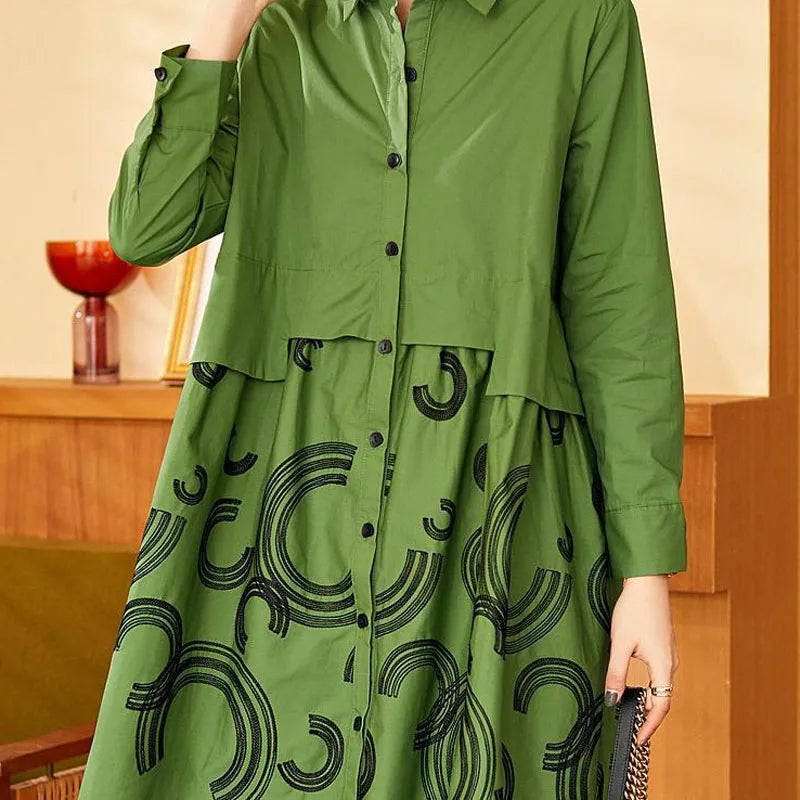 Women's Fashion Loose Spliced Shirt Autumn New Korean Casual Polo-Neck Printed Button Blouse Long Sleeve Female Clothing 2024