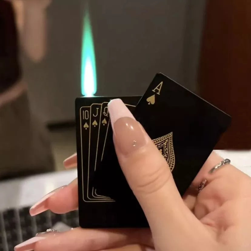 Dropshipping Link Metal Playing Card Jet Lighter Green Flame Poker Lighter Jet Torch Butane Metal Windproof Lighter Men's Gift