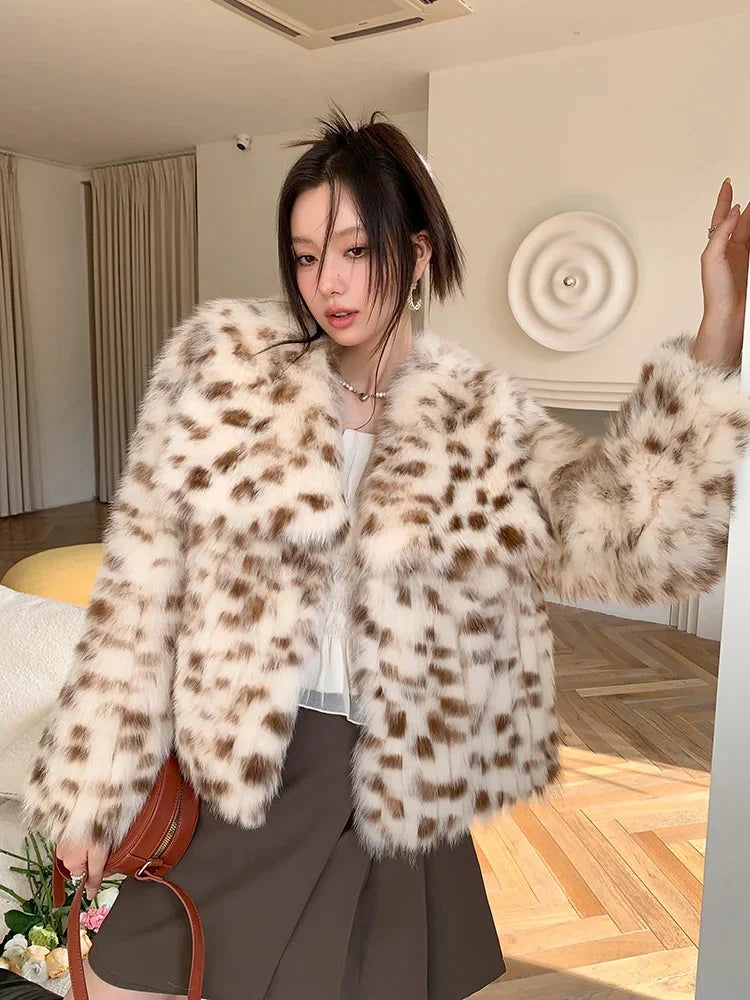 Natural Leopard Fox Fur Women Jacket Short Fashion Strip Sewed Toghter High Quality Sheepskin Real Coat Winter Clothing