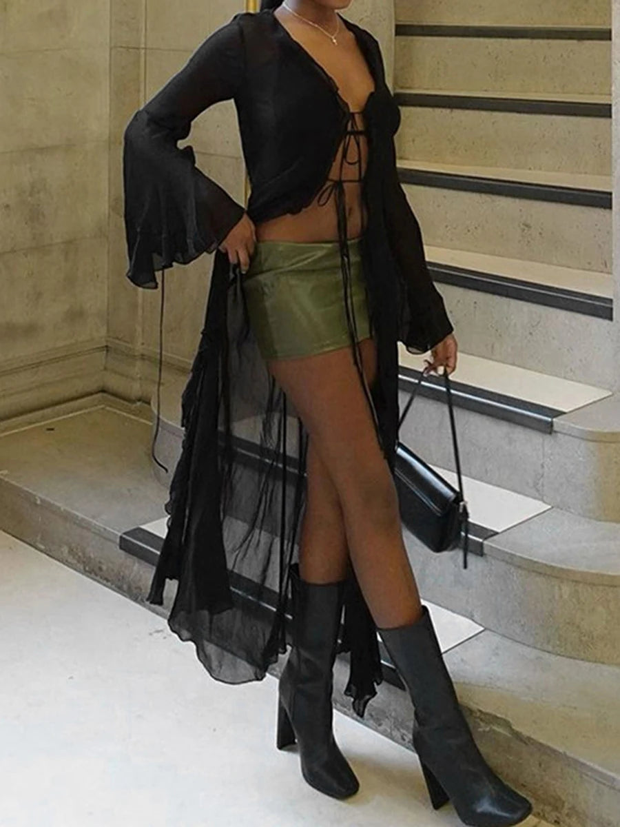 Women s Summer Tie Up Mesh Long Cardigan Long Sleeve Open Front Cardigan Swimwear Cover Ups Long Beach Kimono Streetwear