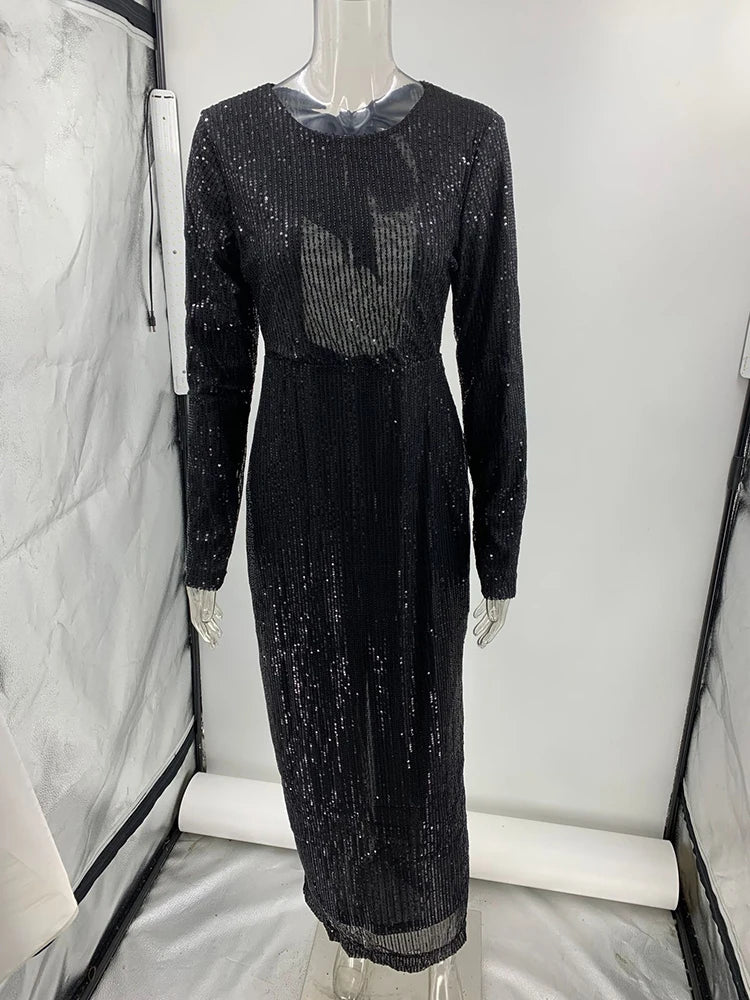 JULISSA MO Elegant Women's Party Clubwear Evening Dresses Bow Backless Long Sleeve Glitter Sequins Long Dress 2024 Women New