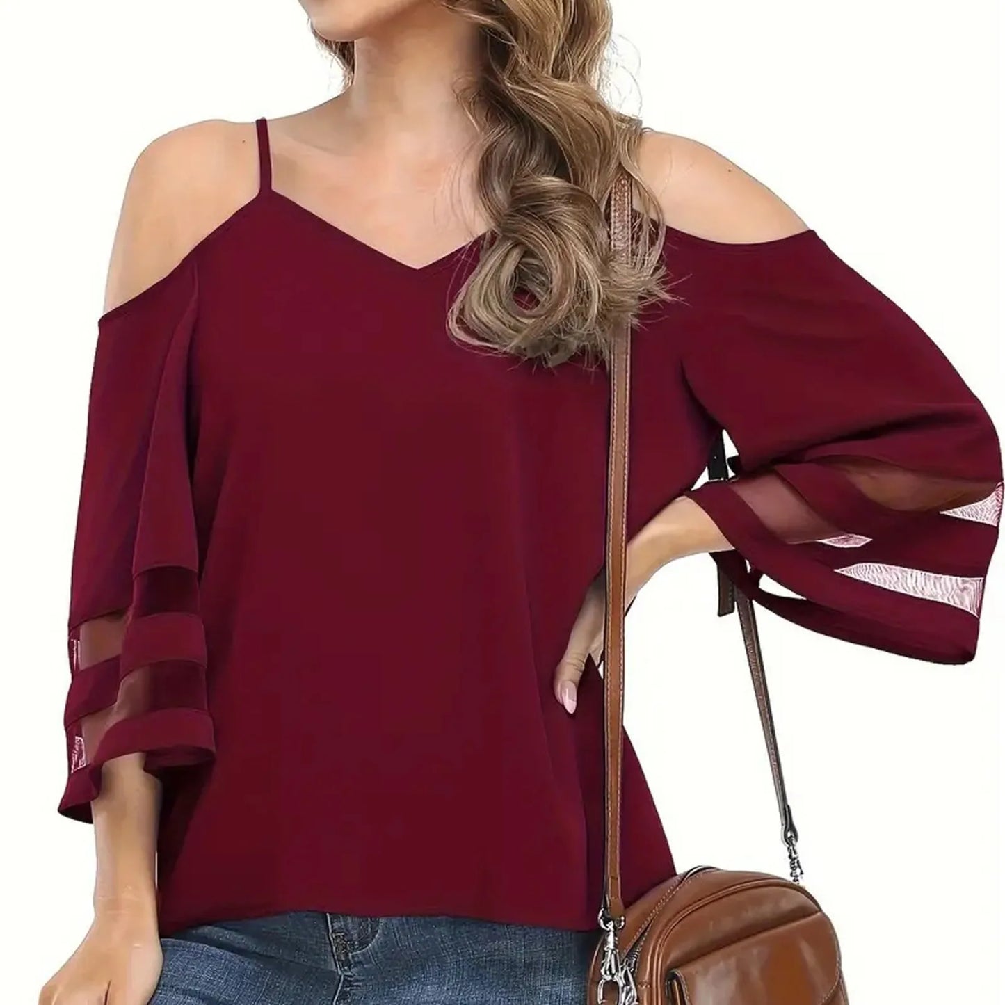 Women'S 3/4 Sleeve Tops Fashion Loose V-Neck Solid Color Casual Shoulder Strap Top Daily Commute Elegant All-Match Comfy Tops