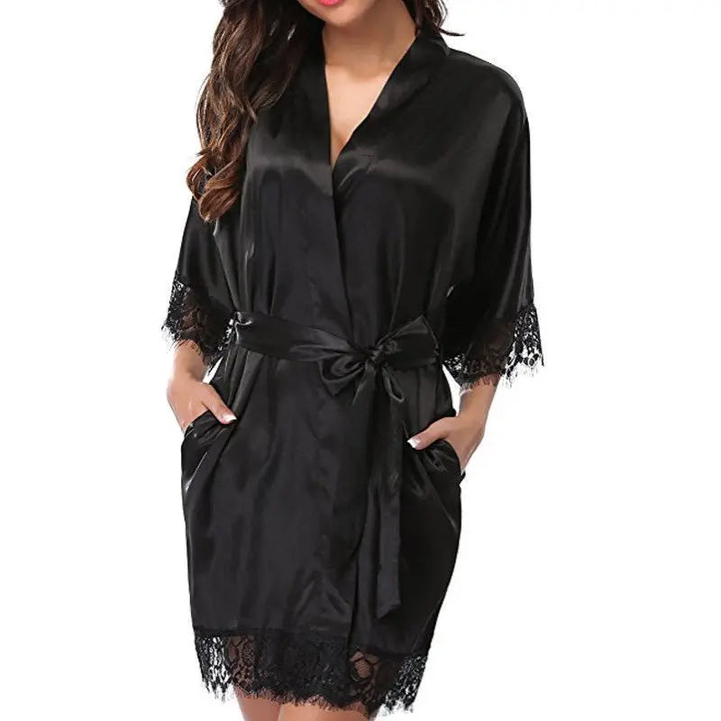 Womens Large Size Ice Silk Sexy Lace Bathrobe Pajamas Female Soft and Comfortable Solid Color Sleepwear V-Neck Bathrobe Pajamas